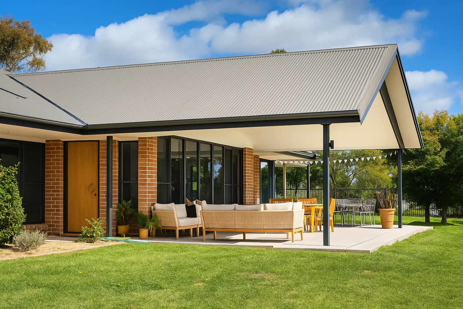 Completed brick home with covered outdoor living